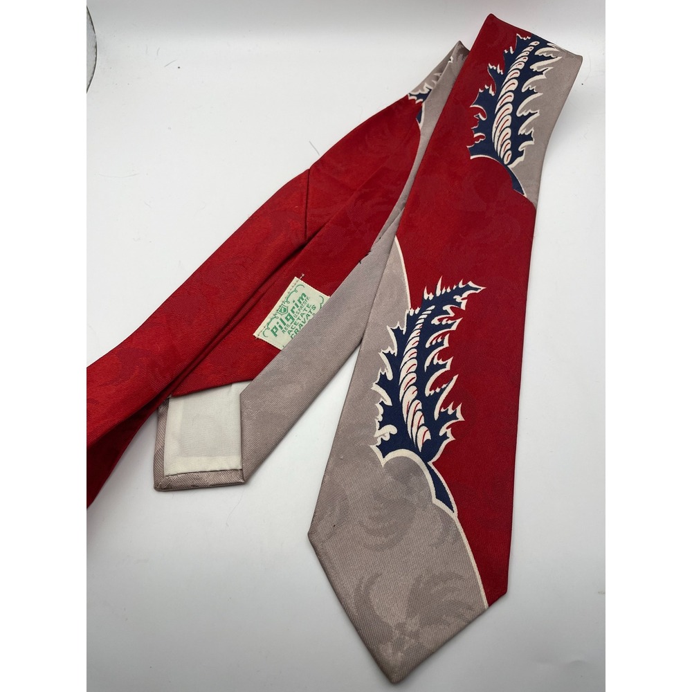 Vintage Pilgrim Red Silver Acetate Cravat Tie Mid Century Modern Leaf Graphic
